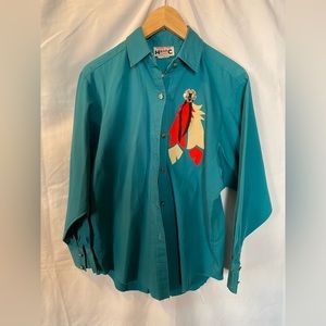 MAC Cosmetics Teal Button Down Shirt with Feather Design